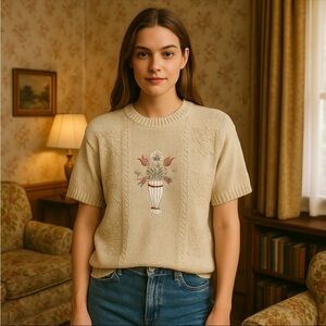 Vtg Bay Point Threads Womens Sweater L Beige Floral Embroidered Knit Made in USA